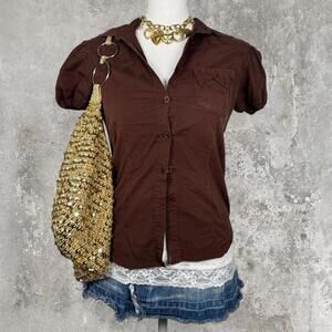 y2k office siren brown fitted blouse button up with side pocket